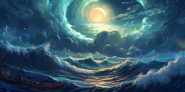 Le onde dell'anime sull'oceano, la luna nel cielo.