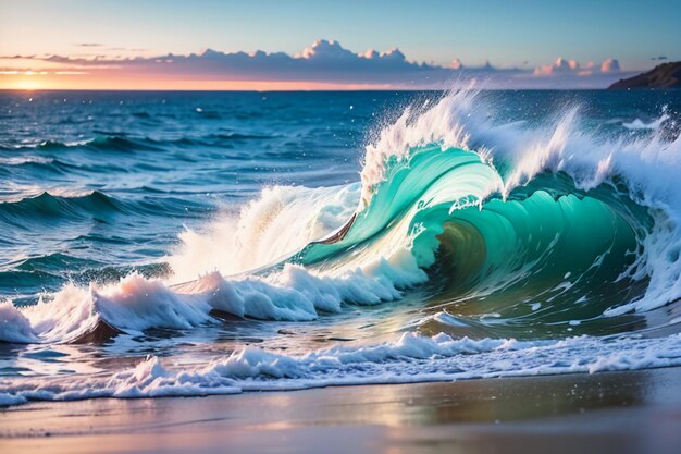 Le onde dell'oceano si arrotolano feroci, spaventose, blu scuro, onde del mare, carta da parati, illustrazione di sfondo.