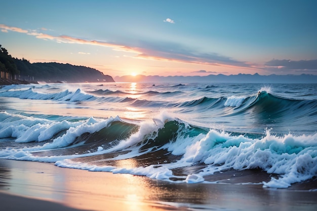 Le onde dell'oceano si arrotolano feroci, spaventose, blu scuro, onde del mare, carta da parati, illustrazione di sfondo.