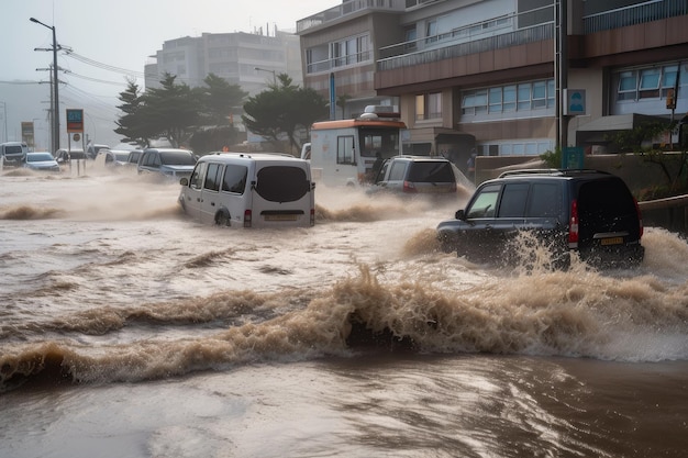 Le onde dello tsunami si infrangono sulle strade della città costiera allagando e facendo cadere i veicoli