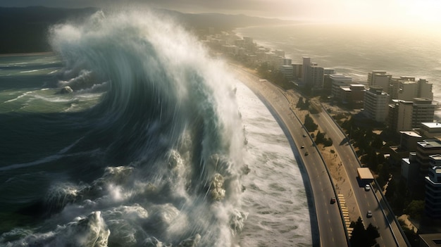 Le onde dello tsunami si schiantano contro l'alta diga protettiva