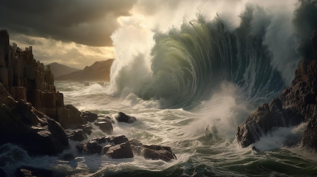 Le onde dello tsunami si schiantano contro la costa rocciosa