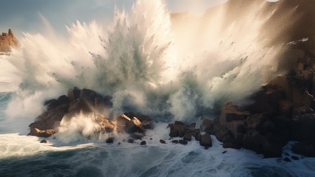 Le onde dello tsunami si schiantano contro la scogliera costiera con