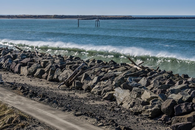 Le onde rotolano sul frangiflutti di Westport Washington.