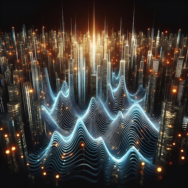 Le onde sinusoidali luminose creano come una città generata dall'AI