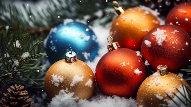 Le palle di Natale giacciono sulla neve sullo sfondo di Natale e Capodanno