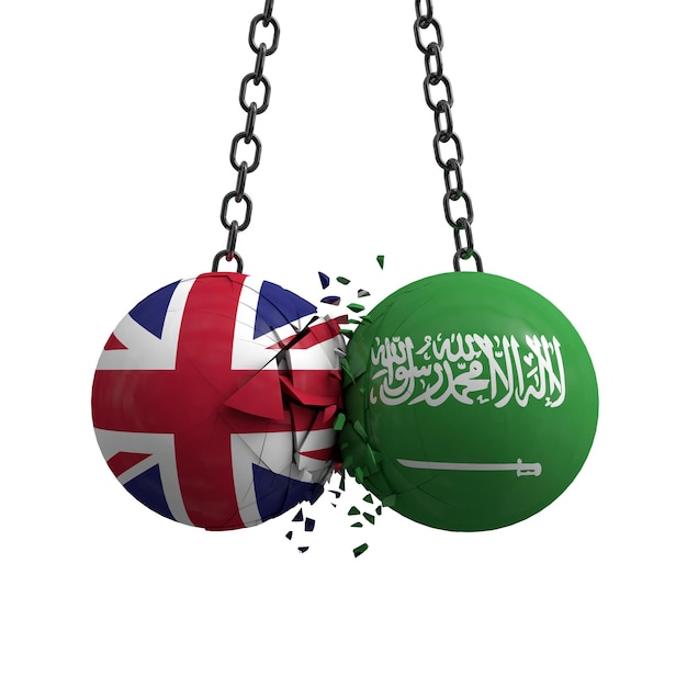 Le palle politiche della bandiera del Regno Unito e dell'Arabia Saudita si scontrano l'una contro l'altra Rendering 3D
