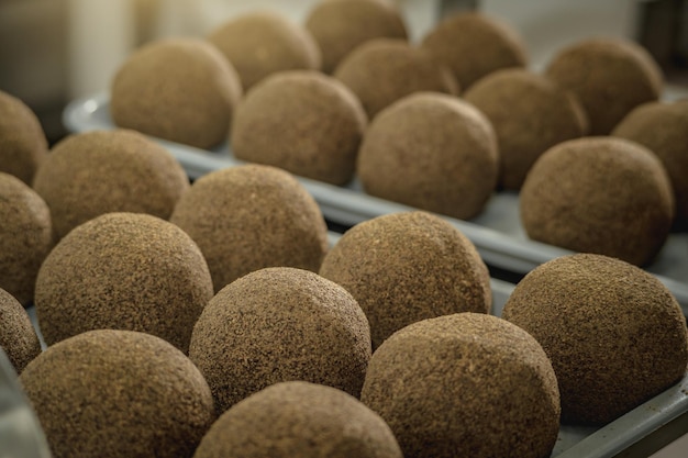 Le palline di formaggio cosparse di pepe nero si trovano in fila Il processo di produzione del formaggio piccante Belper knolle