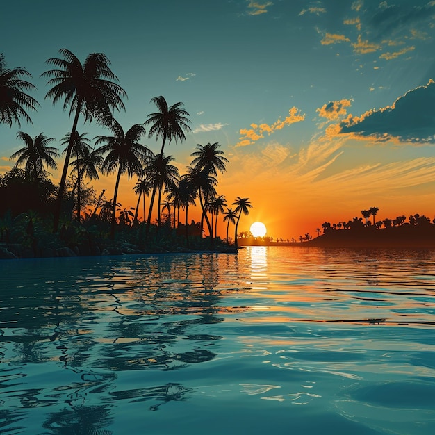 Le palme sono sulla spiaggia e il sole sta tramontando.
