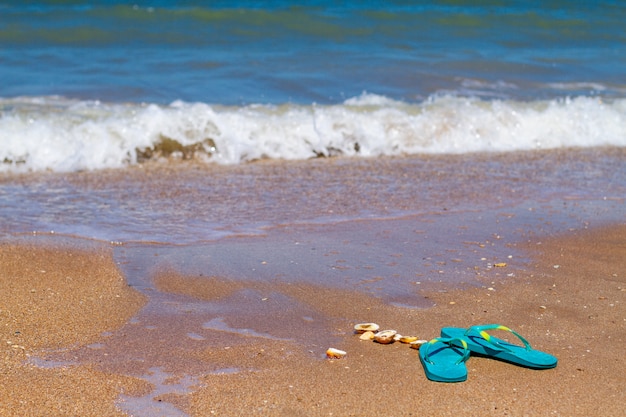 Le pantofole blu stanno sulla sabbia in riva al mare