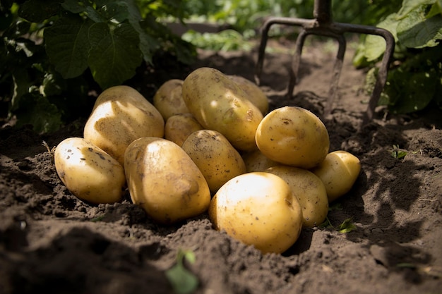 Le patate appena scavate di un nuovo raccolto giacciono a terra alla luce del sole