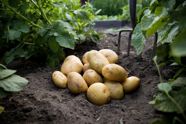 Le patate appena scavate di un nuovo raccolto giacciono a terra alla luce del sole