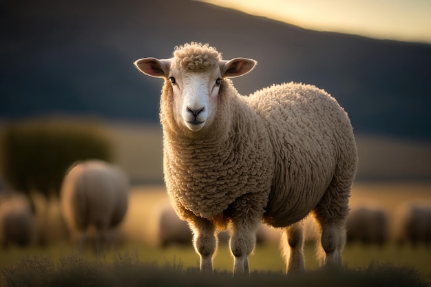 Le pecore pascolano i pascoli in montagna Gregge di pecore e agnelli che pascolano l'erba in una giornata nuvolosa Generazione AI