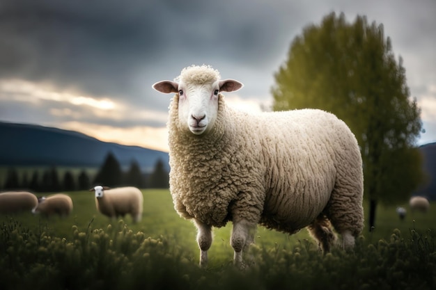 Le pecore pascolano i pascoli in montagna Gregge di pecore e agnelli che pascolano l'erba in una giornata nuvolosa Generazione AI