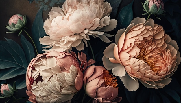 Le peonie in piena fioritura fungono da sfondo botanico flatlay e forniscono un tocco di eleganza