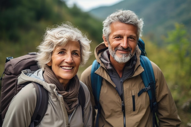 Le persone anziane viaggiano con gli zaini nella zona forestale