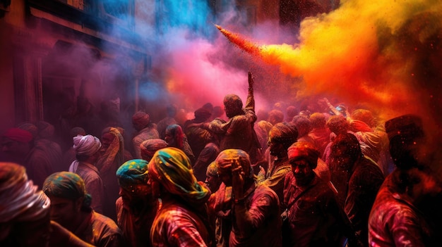 Le persone celebrano il colorato festival Holi in India. Il turismo annuale colora l'India
