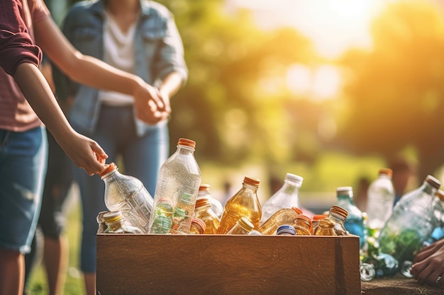 Le persone che fanno volontariato riciclano bottiglie di plastica