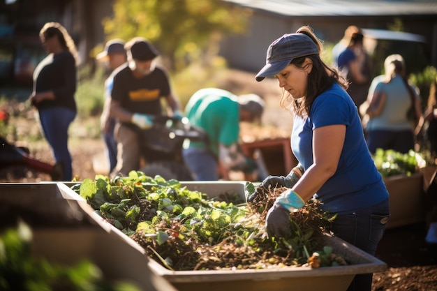 le persone che lavorano in ecogarden la sostenibilità mette in scena il compostaggio per ridurre i rifiuti coltivando un verde