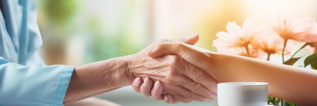 Le persone che si stringono la mano, stretta di mano tra il medico e il paziente, sfocano lo sfondo interno della stanza