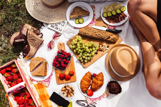 Le persone con vista dall'alto prendono il cibo dalla coperta da picnic a scacchi. Picnic estivo in famiglia all'aperto.