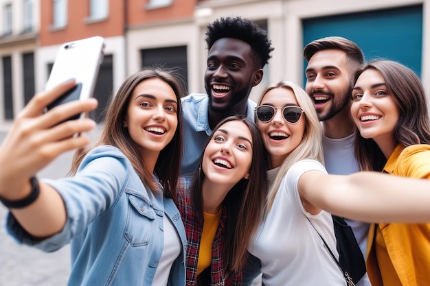 Le persone del gruppo scattano selfie fotografici nella scena e nel luogo preferito Persone felici che hanno generato l'ai