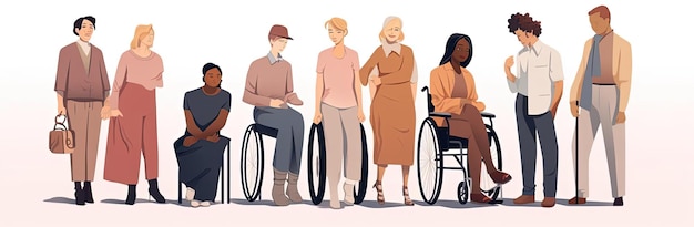 le persone disabili sono in piedi l'una accanto all'altra nello stile della fusione multiculturale