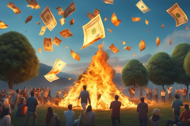 le persone felici bruciano gettano i soldi in contanti nella spazzatura o nel vento mentre arriva la valuta digitale