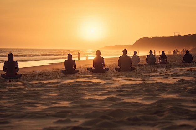 Le persone felici meditano su un'accogliente spiaggia la sera focuse selettivo atmosfera positiva IA generativa