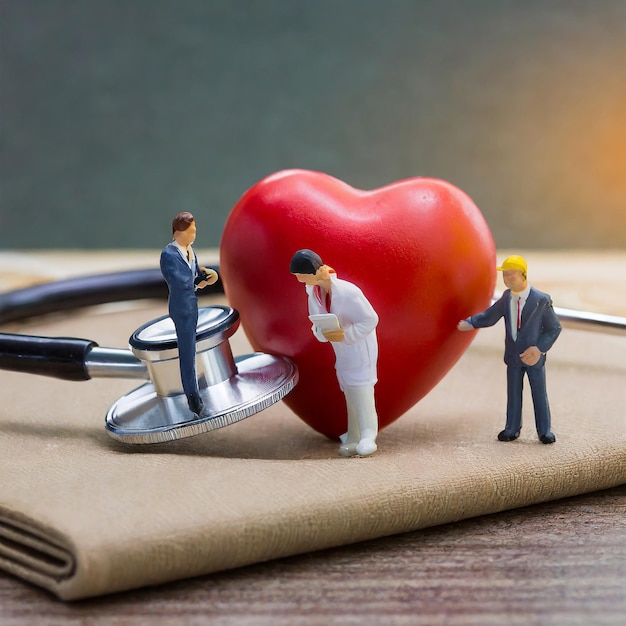 Le persone in miniatura stanno lavorando con il cuore rosso e il concetto di stetoscopio