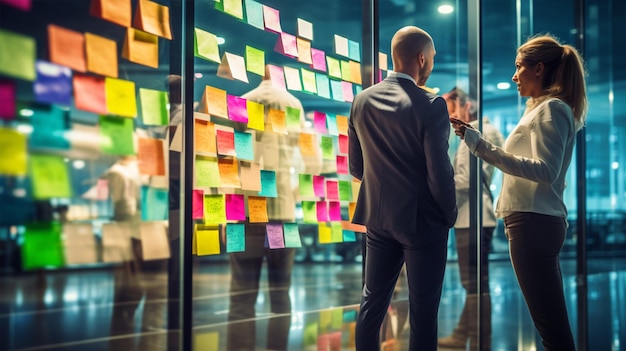 Le persone in ufficio fanno brainstorming attaccando appunti sulla parete di vetro.