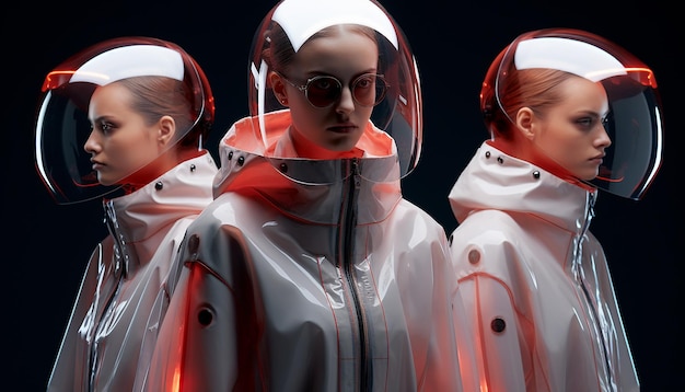 le persone indossano abiti di moda futuristici in futuro