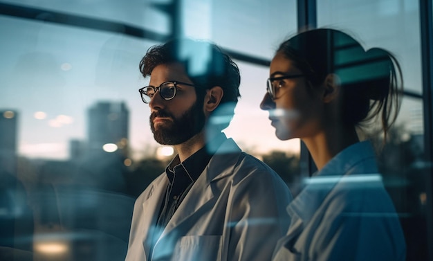 Le persone medici e pensano alla finestra dell'ospedale di notte con la visione sanitaria idee benessere futuro