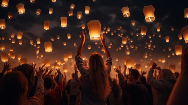 le persone rilasciano lanterne galleggianti, luci di carta nel cielo notturno, festival delle lanterne, felice diwali