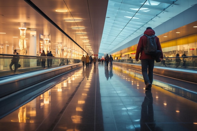 Le persone sfocate del trambusto dell'aeroporto attraversano due marciapiedi mobili in una vista diritta