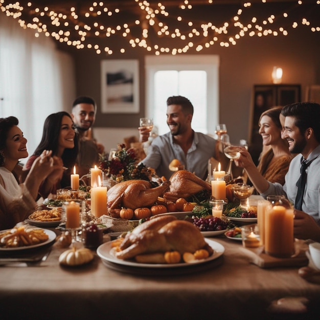 Le persone si siedono al tavolo del Ringraziamento e alla festa del raccolto 23 novembre IA generativa