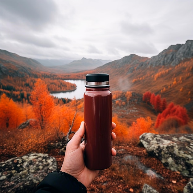 Le persone usano un thermos con il tè in una foto naturale rispettosa dell'ambiente