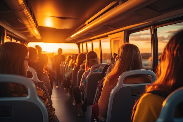 Le persone viaggiano sull'autobus al tramonto AI generativa