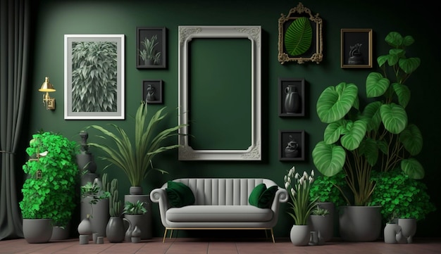 Le piante in vaso decorano il soggiorno con pareti di colore verde con cornice della galleria d'arte Generative Ai