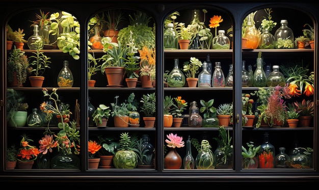 Le piante in vaso stanno sugli scaffali degli armadi Selective soft focus