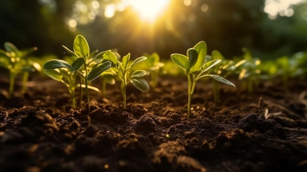 Le piantine crescono dal terreno fertile e la mattina generativa ai