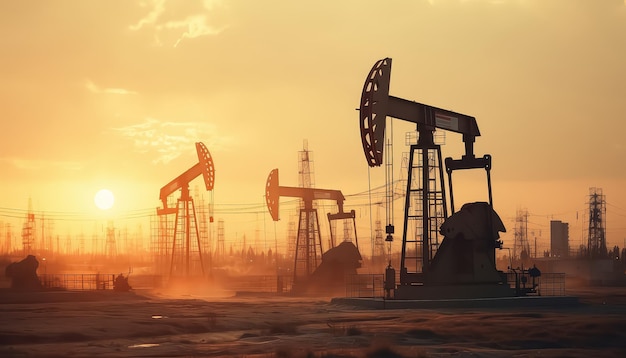 Le piattaforme petrolifere che pompano petrolio al tramonto