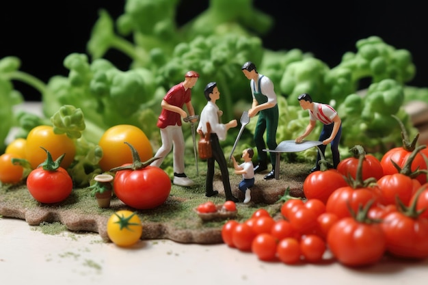 Le piccole persone fanno il cibo, raccolgono frutta e verdura.