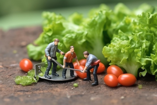 Le piccole persone fanno il cibo, raccolgono frutta e verdura.