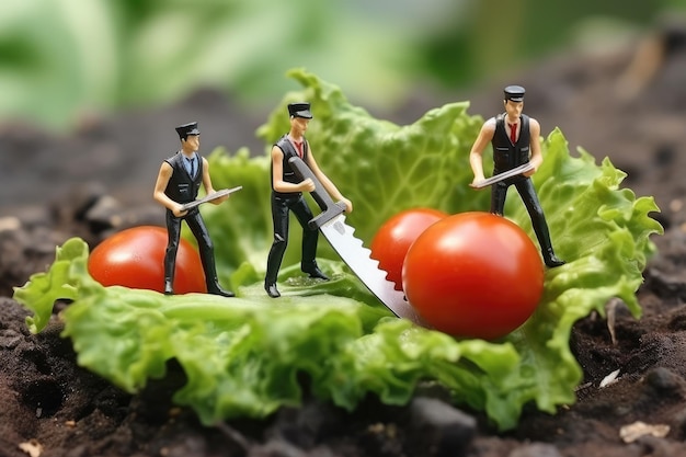 Le piccole persone fanno sì che il cibo raccolga frutta e verdura