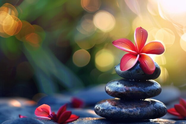 Le pietre zen con il fiore rosso simboleggiano la salute olistica e l'equilibrio