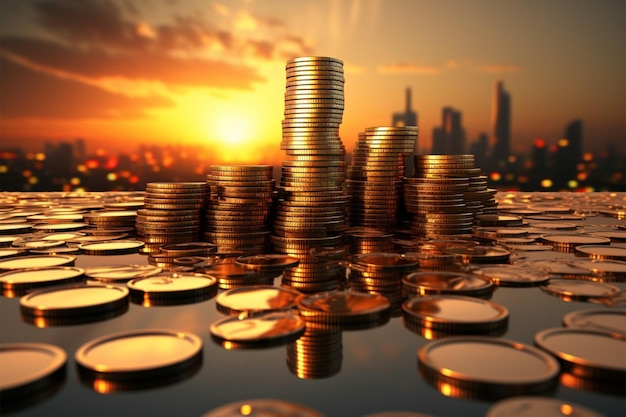 Le pile di monete si innalzano come grattacieli che riflettono l'alba sulla prosperità finanziaria