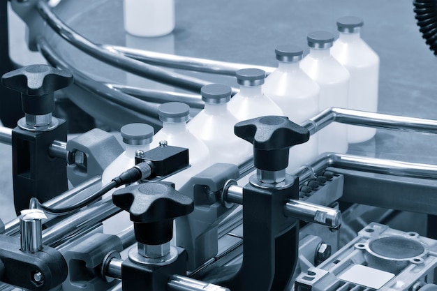 le pillole medicinali dell'industria farmaceutica stanno riempiendo la bottiglia sul trasportatore della macchina della linea di produzione presso il fuoco selettivo della fabbrica medica