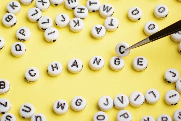 Le pinzette cambiano la parola CHANGE nella parola CHANCE sostituendo la lettera G con la lettera C su sfondo giallo