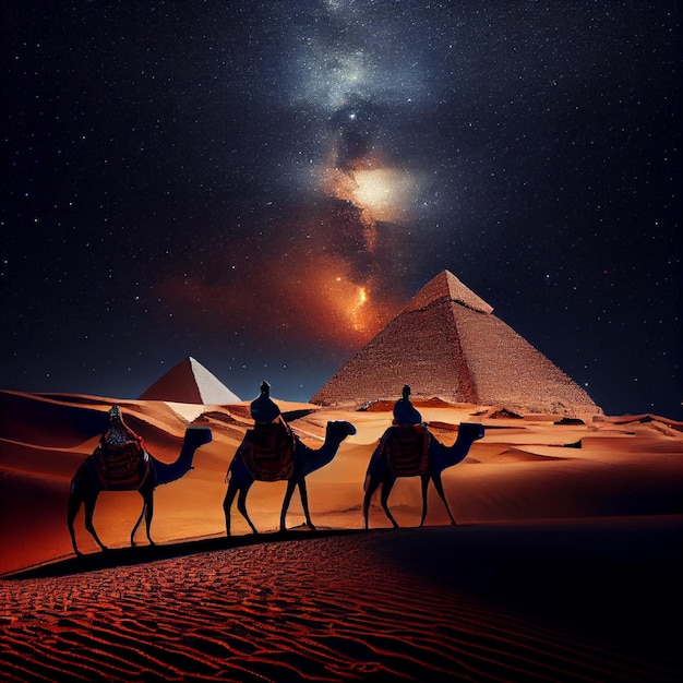 Le Piramidi di Giza di notte in Egitto. AI generativa.